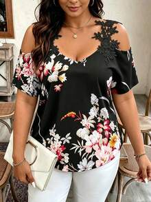 2026 Spring Plus Size Women's Casual Loose Floral Print V-Neck Off-Shoulder Short Sleeve Blouse, Breathable For Daily Wear And Commuting Vacation Summer - Multicolor - View 6