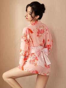 1件可爱性感日式印花半透明和服浴袍 - 粉色 - 查看 6