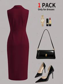Elegant V-Neck Sleeveless Women's Suit Dress, Solid Color Slim Fit Bodycon Midi Dress With Side Buttons, Suitable For Workwear, Business Meetings, Commuting And Casual Daily Wear, Women's Summer Dress, Spring Break Outfit - Burgundy - View 11