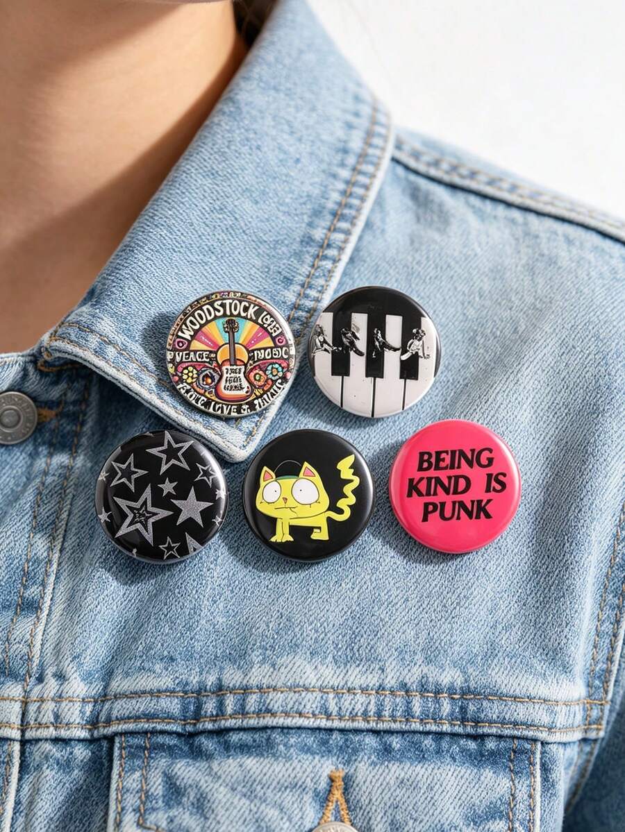 Bộ 1 ghim cài áo tròn chủ đề âm nhạc cổ điển, huy hiệu hình mèo, piano, ngôi sao phong cách punk sáng tạo để trang trí ba lô, quần áo, quà tặng cho người yêu âm nhạc. - Nhiều màu - Xem 1