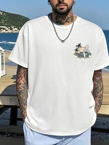 Men's Fashionable Versatile Casual Beach Coconut Tree Print Round Neck T-Shirt, Summer - White - View 2