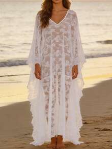 Vestido Kaftan Largo de Encaje Floral para Mujer, Cuello en V y Manga Murciélago, Holgado y Fluido para Playa en Verano - Blanco - Ver 5