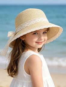 1pc Kids Lace Bow Floppy Sun Hat, Collapsible Wide Brim Beach Hat For Girls, Summer Holiday - 1PC - View 4
