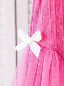 Summer Casual Girls Dress, Solid Color Round Neck Sleeveless Back Open Teardrop, Mesh Patchwork, Bow Decor, Fashionable & Sweet Girls Dress, Suitable For Outdoor & Daily Wear - Hot Pink - View 7
