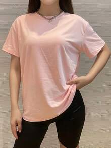 Black Loose Casual Drop Shoulder Short Sleeve T-Shirt Sports - Pink - View 2