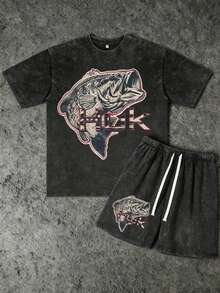 2PCS Set Men's Vintage Bass Huk Print 100% Cotton Washed Black Short Sleeve T-Shirt And Drawstring Shorts,Suitable For Summer Wear, Outdoor Fishing, Casual Shorts T-Shirt Shorts Set - 黑色 - 查看 1