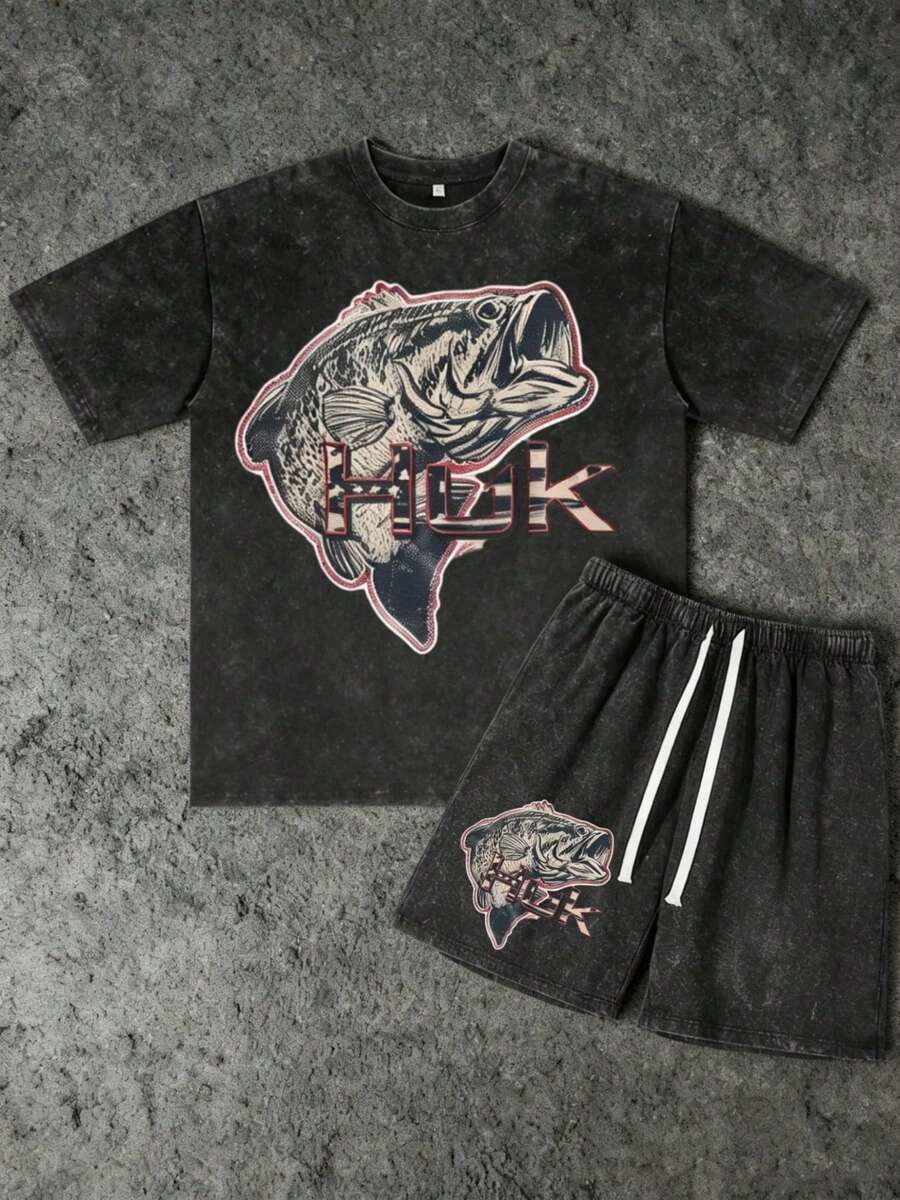 2PCS Set Men's Vintage Bass Huk Print 100% Cotton Washed Black Short Sleeve T-Shirt And Drawstring Shorts,Suitable For Summer Wear, Outdoor Fishing, Casual Shorts T-Shirt Shorts Set - 黑色 - 查看 1