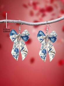 1 Pair 2D Flat Porcelain-Style Butterfly Acrylic Pendant Earrings, Elegant Minimalist Style Jewelry Accessories Suitable For Daily And Vacation Wear - 淺藍色 - 查看 10