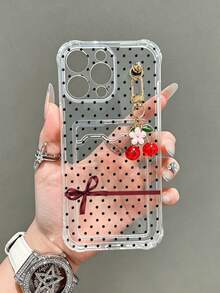 波点彩绘透明卡包钱包，配樱桃吊坠，加厚防摔手机保护壳，兼容 17/17 Pro/17 Pro Max、16/11/16 Pro/16 Plus/16 Pro Max/16e、15 Pro Max、13/14/12/XS/XR/7G/8P 以及 Galaxy S25/S25 Plus/S25 Ultra、A16/A36/A26/A56/A50/A12/A32/A52/A72/A51/A21S/A13/A14、S24/S24 Plus/S24 Ultra、S20/S23/S22、A53、S20 FE、S26。 - 粉色 - 查看 4