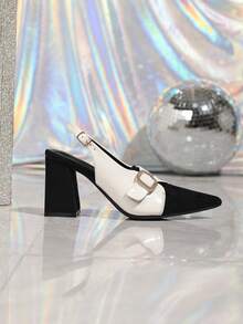 Sandalen mit Strass-Schnalle und spitzer Zehenpartie, Blockabsatz, Schwarz-Weiß Farbblock Pendler High Heels für Frauen - Schwarz und Weiss - Übersicht 4