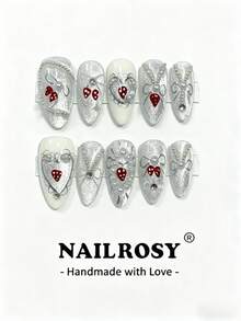 nailrosy 10片手工粉色&銀色蝴蝶珍珠貓眼優雅極簡復古日韓現代清新設計時尚法式中性經典創意閃亮亮片美甲貼紙組 夏季 7月4日 婚禮 畢業舞會 - 白色 - 查看 11