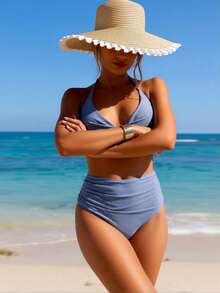 Local Delivery - Two-Piece Swimsuit Tummy Control For VacationUltra Sexy 2026 New Women's Dusty Blue Ribbed Halter Crisscross High Waist - 藍色 - 查看 4