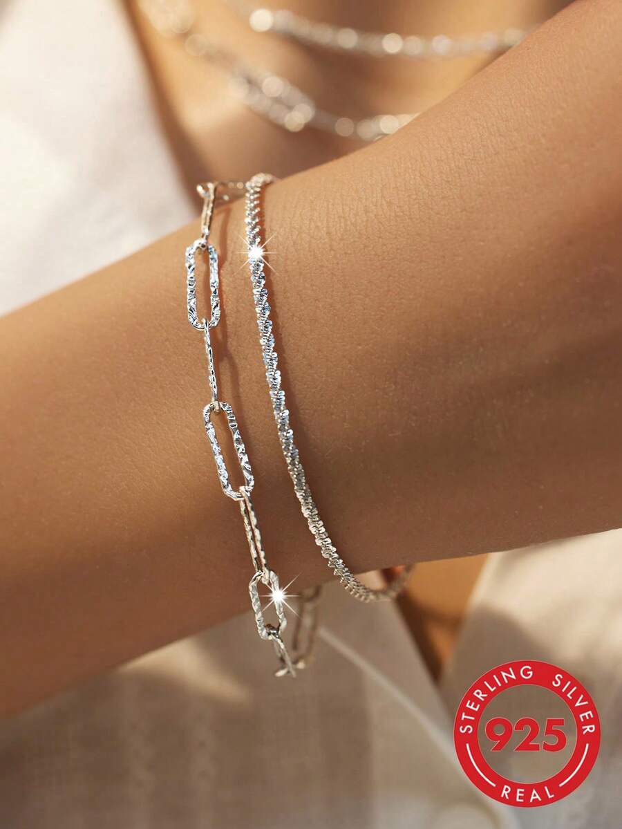SYMFNY 1 件 925 镀银双层手链，独特设计，闪亮手链，适合女性的生日和友谊礼物 - 銀色 - 查看 1