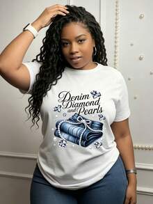 Camiseta de mezclilla para mujer con estampado de diamantes y perlas, elegante, informal para oficina, suave y agradable al tacto, cuello redondo, manga regular, para todas las estaciones. - Blanco - Ver 2