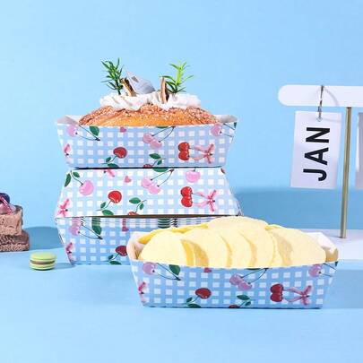 10 piezas/20 piezas/50 piezas, Bandejas de papel desechables con estampado de guinga de cereza - Barcos de aperitivos azules para chips, papas fritas, nachos, palomitas de maíz, fiestas de cumpleaños y barbacoas, barcos de contenedores de papel, platos, palomitas de maíz, barcos de aperitivos con estampado de cuadros de cereza para picnic, suministros para baby shower