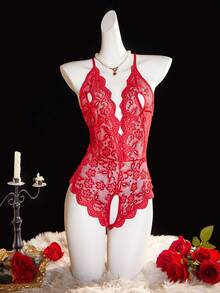 Deep V Lace Backless Bodysuit, Crotchless Open Bra Erotic Lingerie & Underpants, Women's Sexy Clothing - Red - View 3