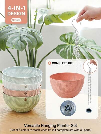 4-In-1 Hanging Planter Set: Includes Planter, Tray, Chain And Plug - Universal Indoor/Outdoor Hanging Planter For Balcony And Garden Decor (Random Color)