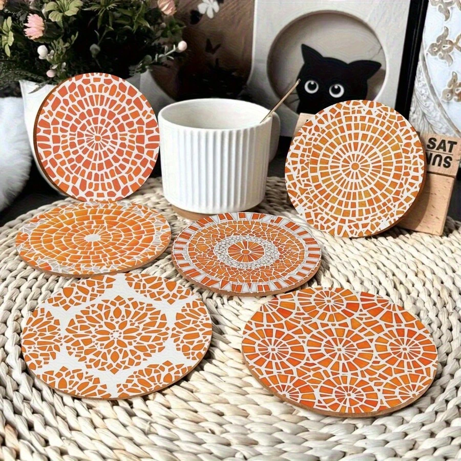 Bộ đế lót ly bằng gỗ hình tròn hình học, quà tặng tân gia, sinh nhật, lễ Eid Al-Fitr, quà Ngày của Cha. - Màu Cam san hô - Xem 1
