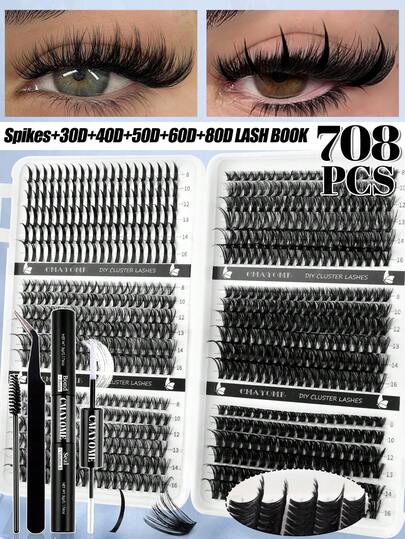 720/708/684/576片D型卷翘单簇假睫毛，带粘合剂和密封圈，尖头D型卷翘高容量假睫毛，适合所有肤质，8-16毫米混合长度，持久耐用，自然放大双眼。假睫毛工具包括睫毛胶、睫毛刷和睫毛镊子。适合旅行、派对和节日，是送给女孩或女士的绝佳礼物。