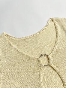 Sparkling Gold Knitwear Mini Dress With Deep V-Neck And Keyhole Cutout, Long Sleeves, Perfect For New Year's Or Fall Evenings - Apricot - View 9