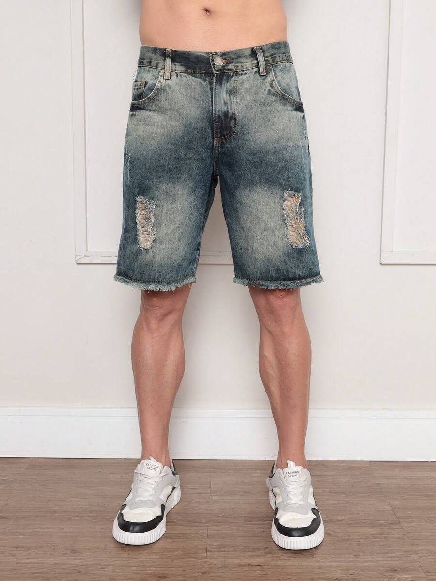 Men's Colorful Ripped Denim Shorts - 深色水洗藍 - 查看 1