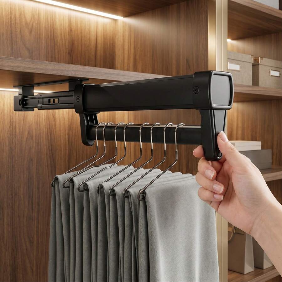1个伸缩式衣架，碳钢铝合金材质，带阻尼滑轨，适用于裤子、T恤、连衣裙等衣物收纳。