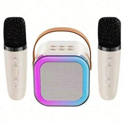 双麦克风迷你便携式蓝牙音箱，内置麦克风，适合家庭KTV，无线蓝牙户外便携式音箱，多种灯光效果，可用于听歌和唱歌，800mAh大容量电池