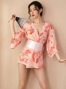 1件可爱性感日式印花半透明和服浴袍 - 粉色 - 查看 5