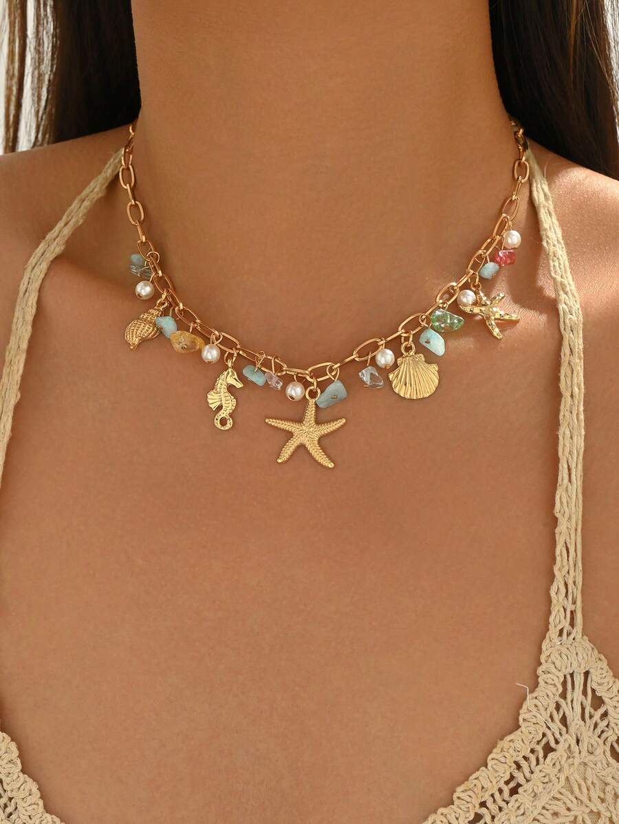 1pc Ocean Style Starfish, Shell, Seahorse Pendant Necklace With Colorful Gemstones And Pearls, Luxurious Metal Design, Suitable For Summer Beach, Daily Wear, High-End Jewelry Gift For Girlfriend Or Best Friend - Multicolor - View 1
