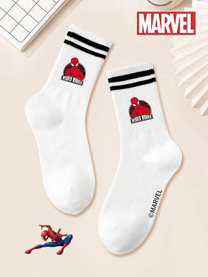  1/3 Pairs Official Marvel Cartoon Black & White Striped Men's Socks. Breathable And Cool, Suitable For Summer, With Odor Removal And Moisture Wicking Function. Casual Versatile Sports Socks With Cartoon Patterns, Suitable For Students And Adults For Daily Use And Gifts