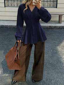 Women's Autumn/Winter New Waist Cinched A-Line Long Sleeve Shirt,Summer Top - 杏色 - 查看 11
