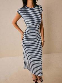 Vestido ajustado de mujer con rayas de moda, de verano - Azul y blanco - Ver 3