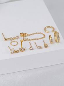 11PCS CZ Gold Earring Stack Set, Inlaid Cubic Zirconia Butterfly Studs, Teardrop Chain Ear Cuff, Huggie Hoops & Cartilage Piercing Jewelry For Party - Yellow Gold - View 2