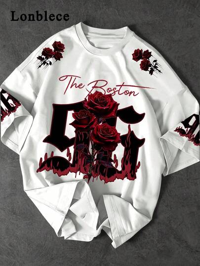 Lonblece Herren Weißes T-Shirt mit Rose und Gothic-Text Muster, locker geschnitten, geeignet für Casual und Sommer-Stil
