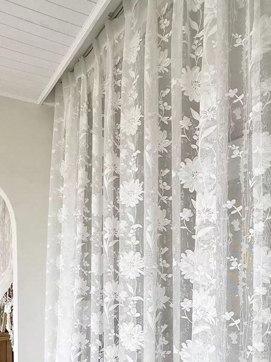 1 rèm voan trắng thêu hoa kiểu Pháp - Chất liệu polyester, kiểu may túi luồn thanh treo, dệt, có thể giặt máy, ủi ở nhiệt độ thấp, không có lớp lót, phù hợp cho mọi mùa, thích hợp cho cửa sổ nhà bếp, kệ sách, khu vực quán cà phê - Phong cách trang trại - Nhiều màu - Xem 1