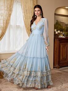 Women's Casual Long A-Line V-Neck Long Sleeve Layered Dress With Ruffle Hem - Baby Blue - View 3