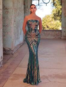 Faeriesty Women's Elegant Strapless Mermaid Formal Dress, Adorned With Shiny Sequin Pattern, Fitted Bodice Paired With Flowing Long Dress - Ideal For Weddings, Formal Galas, Awards Ceremonies, Formal Receptions, And Summer Vacations. Party Spring - Dark Green - View 3