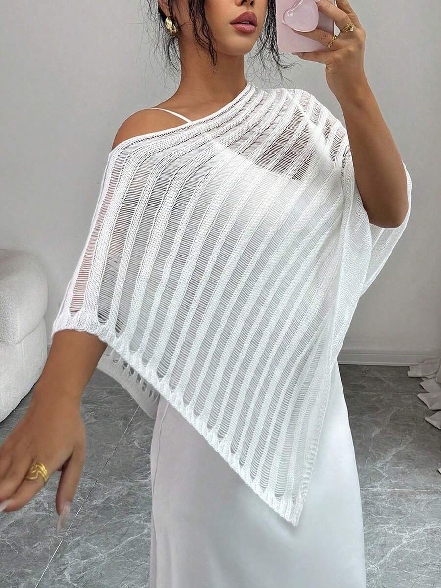 优雅纯色针织露肩披肩上衣，休闲度假沙滩装，女士春夏白色 - 白色 - 查看 1