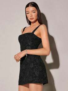 Vestido Corto Negro de Tirantes con Textura Floral Jacquard, Vestido Ajustado de Cuello Cuadrado para Mujer, Moda Sexy y Elegante para Fiesta y Salidas Nocturnas,  2026 - Multicolor - Ver 9