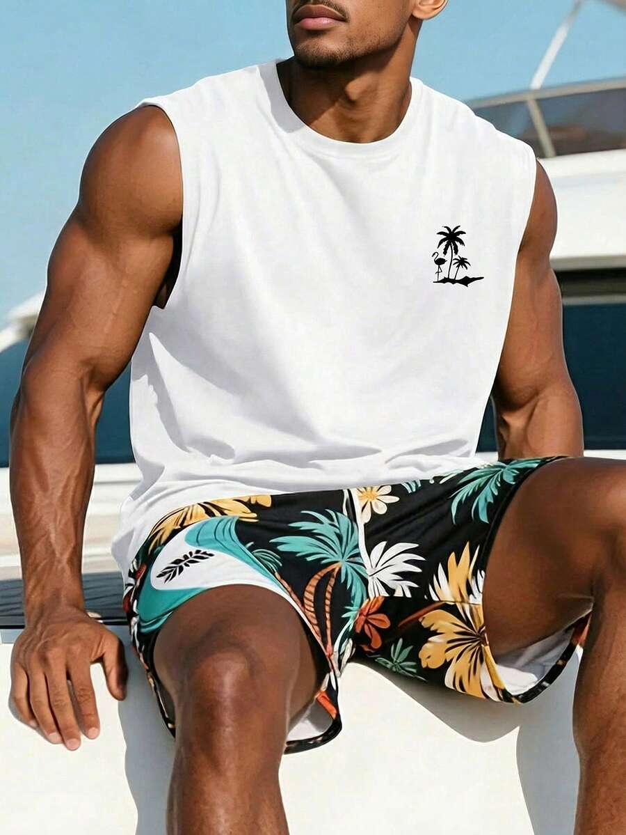 1 chiếc áo tank top nam cổ tròn in hình cây dừa, kiểu dáng thường ngày, thích hợp cho mùa hè. - trắng - Xem 1