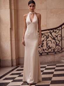 Sleeveless Halter Bridesmaid Dress, Elegant Sexy Long Dress With Backless Tie Design Wedding Fall - Champagne - View 5