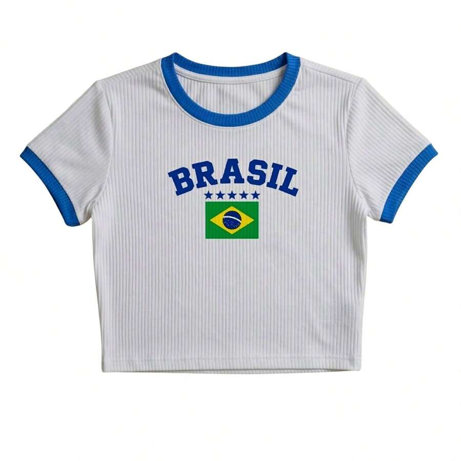 Women's Cropped Blouse Brazil Print Ribbed World Cup Premium T-Shirt - White - View 1