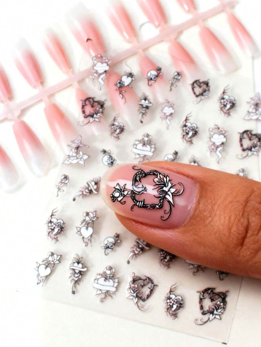 1pc Heart-Shaped Floral Nail Sticker, Mysterious Skull & Butterfly Nail Decals, One-Time Self-Adhesive 3D Embossed Nail Art Stickers, Personalized Nail Decoration Suitable For Theme Parties, Dark Pattern Easy To Apply And Firmly Stick - Multicolor - View 1