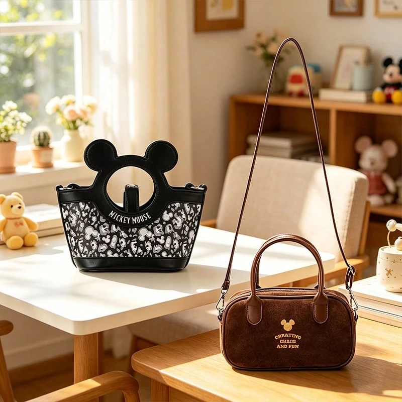 Miniso Disney Mickey Mouse Black Leopard Print & Barn Style Dark Brown Handbag,Exquisite Workmanship,Perfect For Daily Commute, Shopping, Travel & Work, Ideal Elegant Gift(1 PC) - Multicolor - View 1