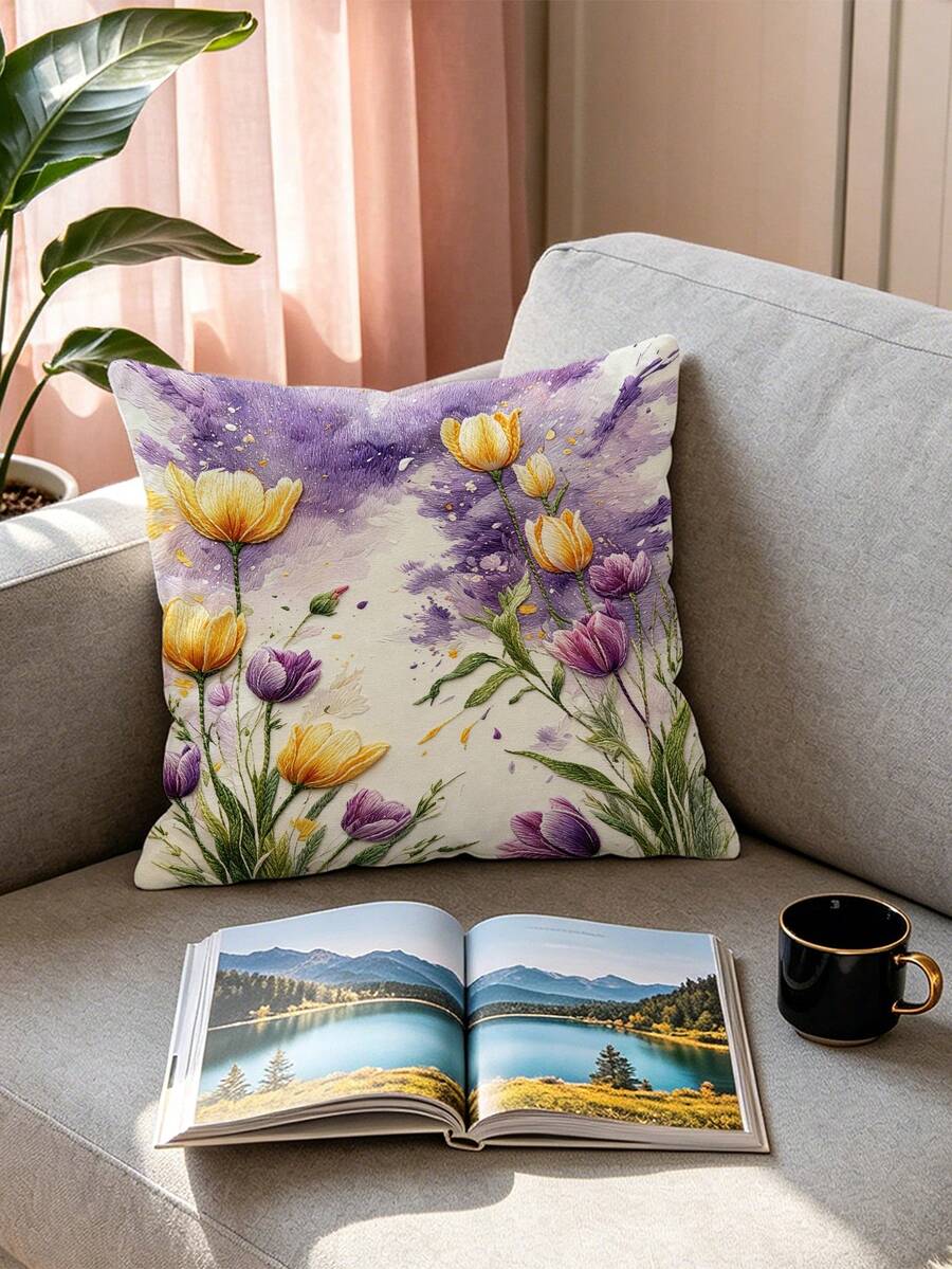 1pc Classic Floral Pattern Faux Velvet Pillowcase, All-Season Living Room Sofa Decorative Cushion Cover, Pillow Insert Not Included. - Fragrant Flowers - View 1