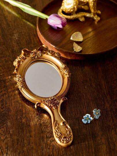 1pc Retro Style Handheld Makeup Mirror, Suitable For Birthday, Graduation, Mother's Day, Special Occasions, Gifts For Parents, Housewarming, Home Decor, Back To School Supplies, Portable Cosmetic Mirror
