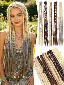 20-Inch Bohemian Style 2pcs Synthetic Braided Hair Extensions With Beads And Decorations, Hair Clip-In For Women, Suitable For Cosplay, Daily Styling, Music Festivals - Multicolor - View 2
