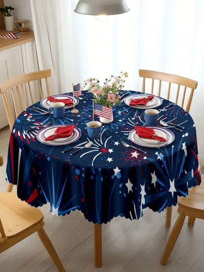 1pc-4th Of July Tablecloth For Round Tables, Patriotic Red White Blue Table Cloth With Fireworks & Stars, Wrinkle Resistant Polyester Table Cover For Independence Day, Birthday Party, Indoor Outdoor Kitchen Dining Decor
