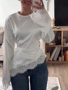 Nouveau T-shirt à manches longues avec patchwork en dentelle, convient pour les rendez-vous, les vacances et le port quotidien au printemps/été, blanc - Blanc - Voir 13