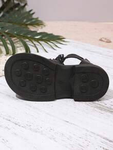 1 Pair Girls' Roman Sandals, Solid Color Soft Multi-Layer Criss-Cross Straps + Shiny Heart-Shaped Rhinestone Buckle Decor, Round Toe Open Toe Elastic Non-Slip Platform Sole, Heel Zipper Design, Fashion Sweet Princess High-Top Sandals, Suitable For 3-12 Years Old Girl Students Daily, School, Festival, Performance, Travel, Vacation, Spring/Summer New Arrival - Black - View 9